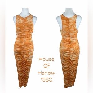 House Of Harlow 1960 Orange BodyCon Maxi Dress NWOT Size XS ruched smocked